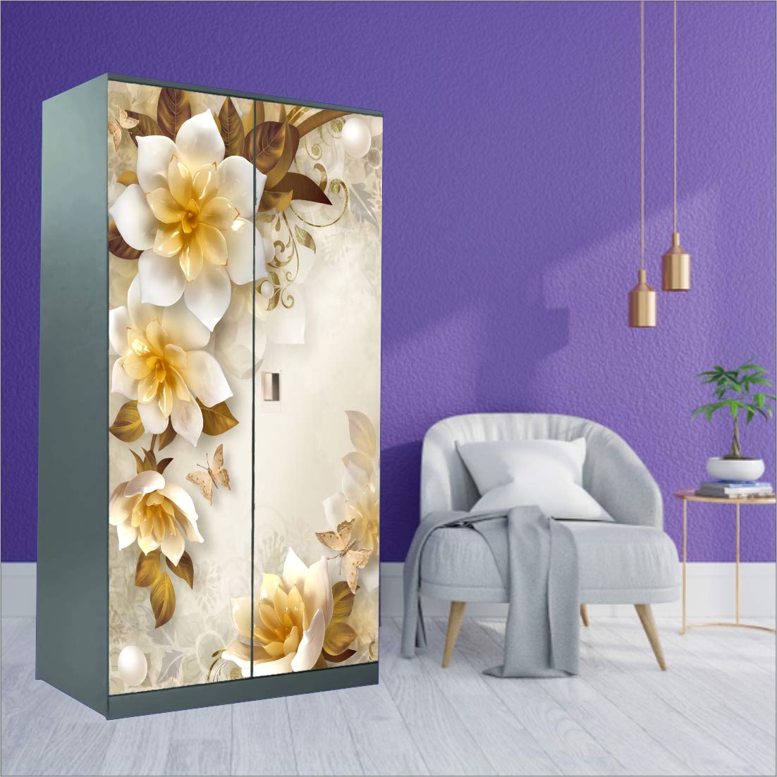 WallDaddy Almira Sticker Floral Design (Self Adhesive) for Wardrobe Front Size (39×84) Inch (Fit on All Almirah)